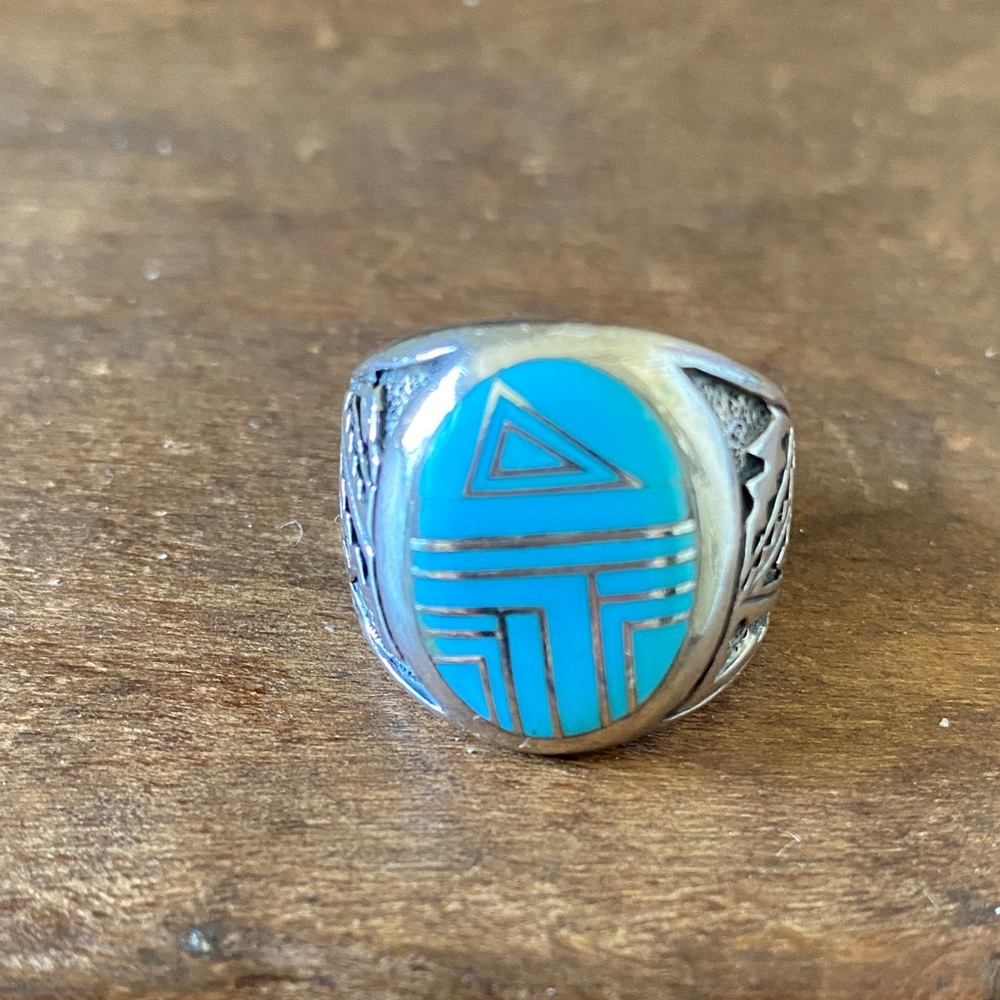 Turquoise Inlay Silver Men's Ring - Blue Stone Design